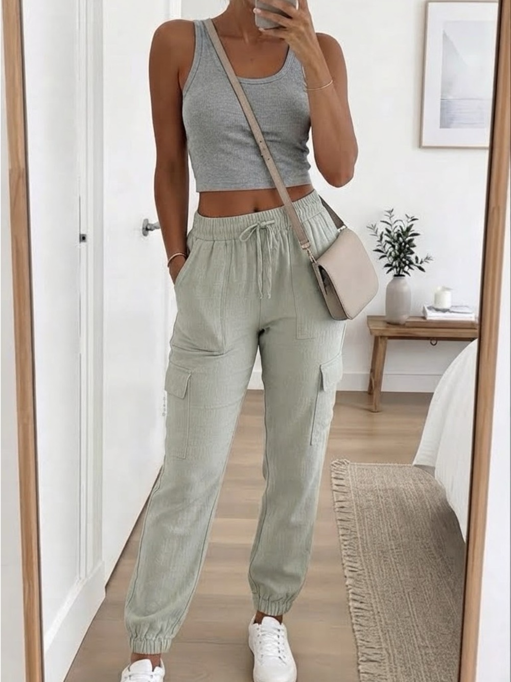 Nicole Miller 100% Linen Sage Drawstring Cargo Jogger Pants Sz Medium